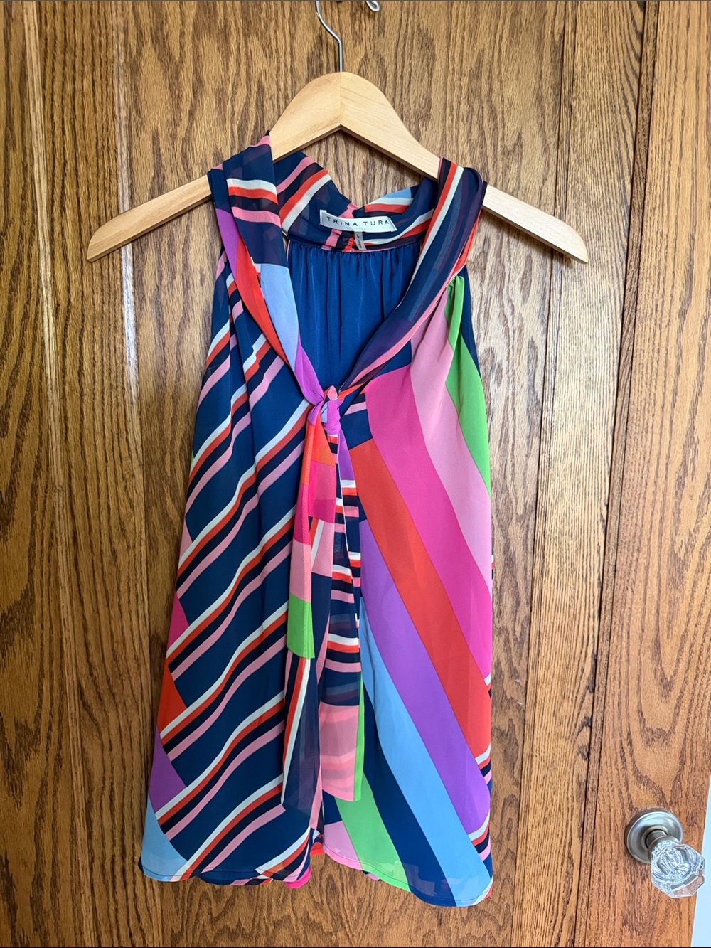 Trina Turk Multicolor Striped Tie-Neck Sleeveless Blouse
